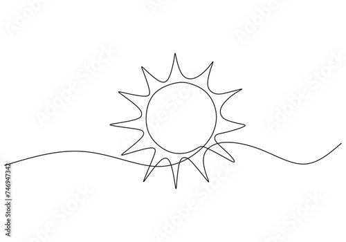 Line drawing of sun in continuous one single doodle hand drawn.