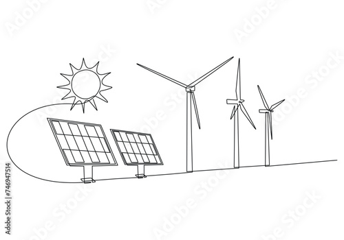 Continuous line drawing of wind turbine and Solar panel. Green energy and renewable resources hand drawn. One single doodle outline editable stroke. Power station concept vector illustration.