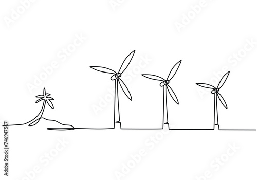 Turbine wind power green energy electricity concept. Continuous line drawing wind energy plant windmill renewable ecology. One line drawing vector illustration.