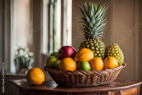 A Tropical Fruit Basket Set on a Vintage Table Bathed in Soft Diffused Light