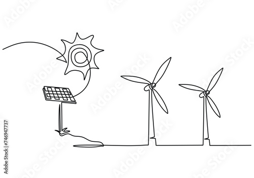 Solar panel photovoltaic and windmill for green energy generation. Continuous one single line art drawing minimalist.
