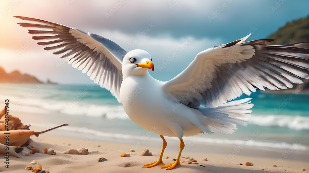 Obraz premium Seagull soars gracefully above the ocean waves, amidst a backdrop of endless blue sky and white sandy beaches