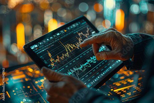people checking for the stock prices and chart showing inclining on big glass screens, at the stock market office, on laptops and tablets and mobiles 
