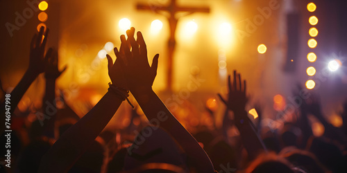 Worship god concept human rising hands over blurred cross photo