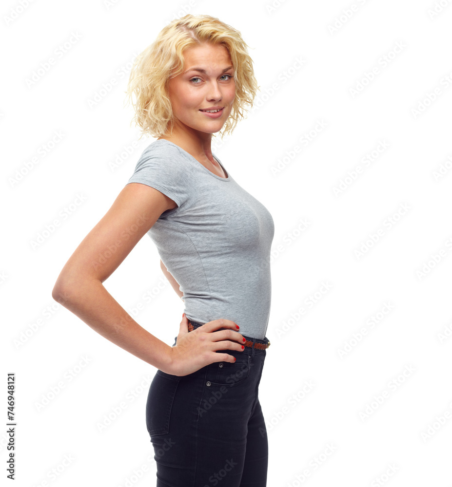 Woman, portrait and student for confidence in studio, casual aesthetic and clothes on white background. Happy female person, cool and fashion on mockup space, designer and pride for style or trend Woman, portrait and student for confidence in studio, casual aesthetic and clothes on white background. Happy female person, cool and fashion on mockup space, designer and pride for style or trend