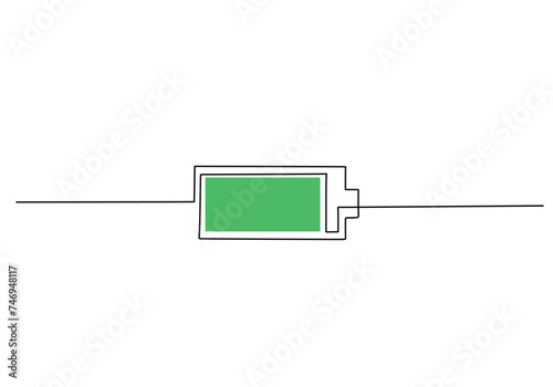 One line drawing of battery full of charge. Energy concept object vector illustration.