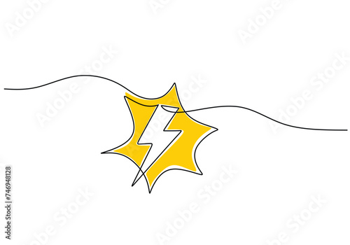 Lightning electric power in continuous one line art drawing. Flash bolt sign in yellow light.