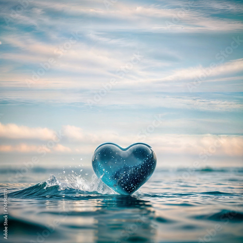 A heart-shaped object is seen floating on the ocean s surface  with a wave crashing beside it. The sky above is filled with wispy clouds.