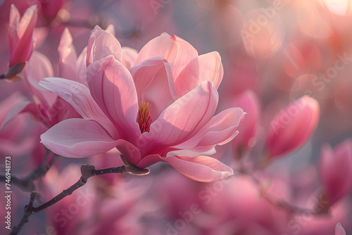 A blooming magnolia tree with fragrant flowers and rustling pink petals, Fragrant Elegant Tranquility