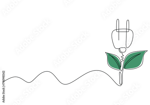 One line drawing of power plug with leaf. Green energy concept. Eco and modern theme vector illustration.