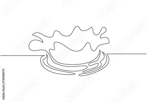 Water splash in continuous single line drawing. One outline liquid flowing. Ripple wave lineart hand drawn. Vector illustration isolated on white background.