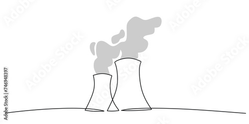 Industrial chimney continuous one line art drawing. Vector illustration manufacture buildings.