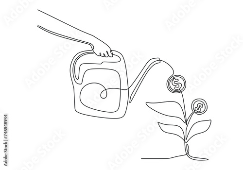 Continuous one line drawing of growing dollar money. Income growth and invest economy concept. Hand holding watering can with plant and finance symbol. photo