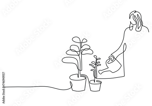 People watering plants in continuous single line drawing. Concept of farmer plantation ecology farming and sustainable growing.