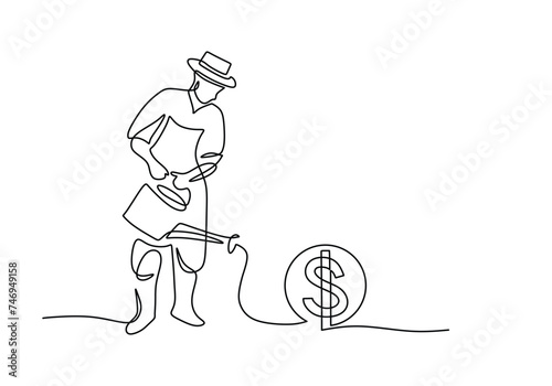 Person watering plant with dollar money growing. Continuous one line art drawing.
