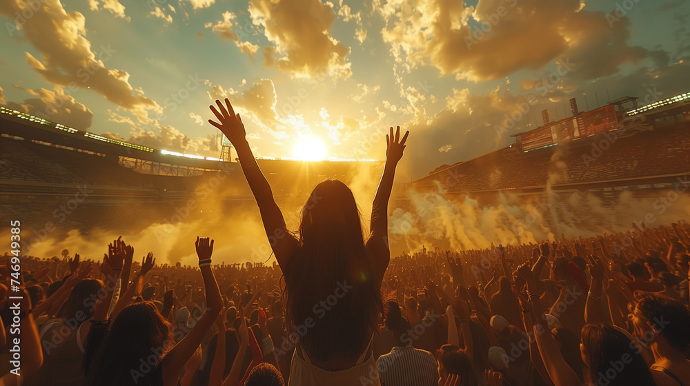 Crowd of people with raised hands enjoying a concert at sunset - obrazy, fototapety, plakaty 