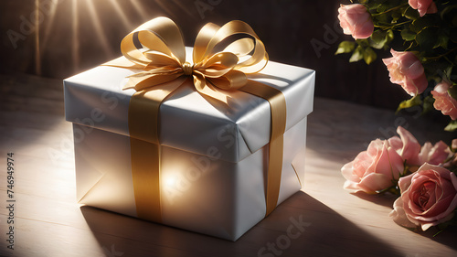 A beautifully wrapped gift with a translucent heart-shaped ribbon, bathed in soft, ethereal light. The scene suggests a special and heartfelt present that emanates a unique and magical energy