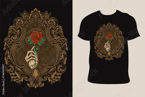 Illustration vector skull holding rose flower with engraving ornament on T shirt mockup
