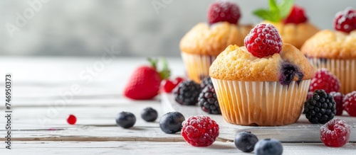 Delicious Muffin with Fresh Berries and Blueberries on a White Table