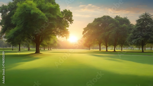 Beautiful sunrice light in park with green grass field. Cartoon or anime illustration style