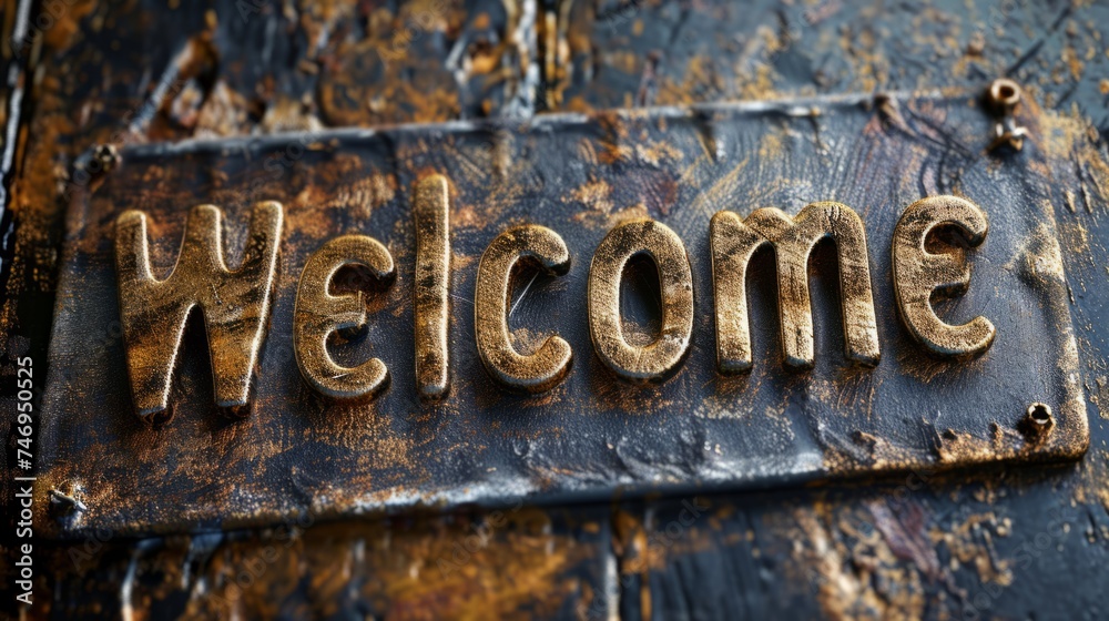 Bronze Welcome concept creative horizontal art poster. Photorealistic textured word Welcome on artistic background. Ai Generated Hospitality and Greetings Horizontal Illustration.