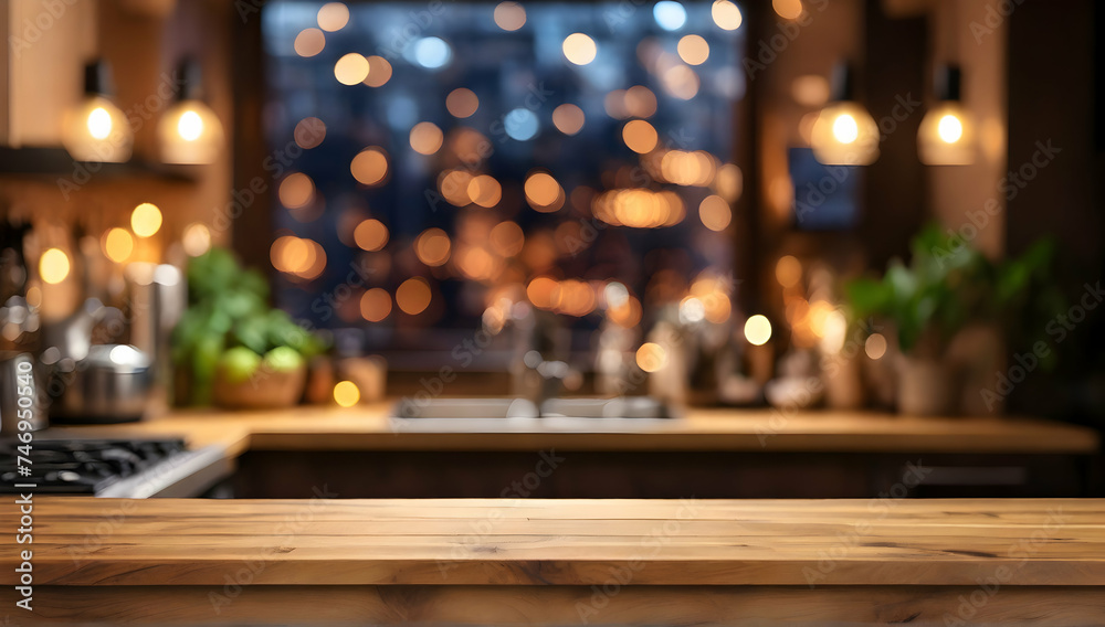 Empty wooden table top with bokeh lights on blurred kitchen background.