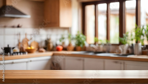 Empty table top with blurred kitchen background.