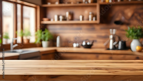 Empty table top with blurred kitchen background.