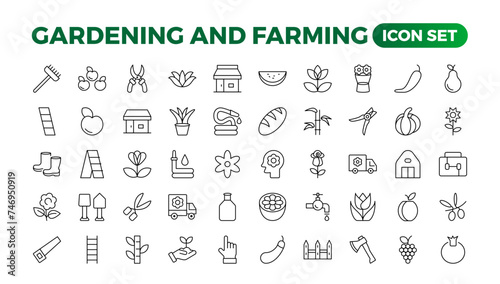 Set of outline icons related to gardening, landscaping, and farming. Linear icon collection.Set of horticulture Icons. Farming and agriculture outline icon collection. Outline icon set.