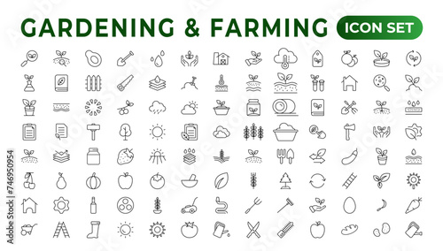 Set of outline icons related to gardening, landscaping, and farming. Linear icon collection.Set of horticulture Icons. Farming and agriculture outline icon collection. Outline icon set. photo