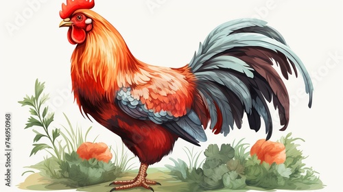 watercolor vector illustration Asian rooster isolated on white background © akhmad