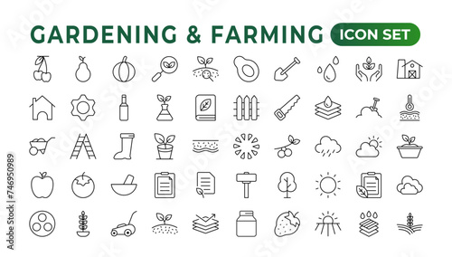 Set of outline icons related to gardening, landscaping, and farming. Linear icon collection.Set of horticulture Icons. Farming and agriculture outline icon collection. Outline icon set.