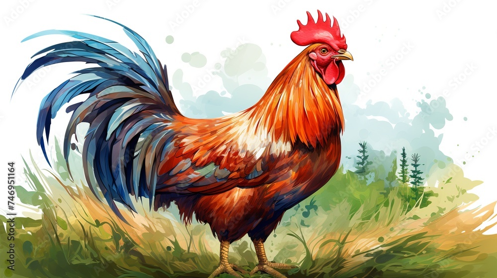 Fototapeta premium watercolor vector illustration Asian rooster isolated on white background