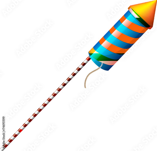 3D firecracker rocket in pink and blue stripe pattern.