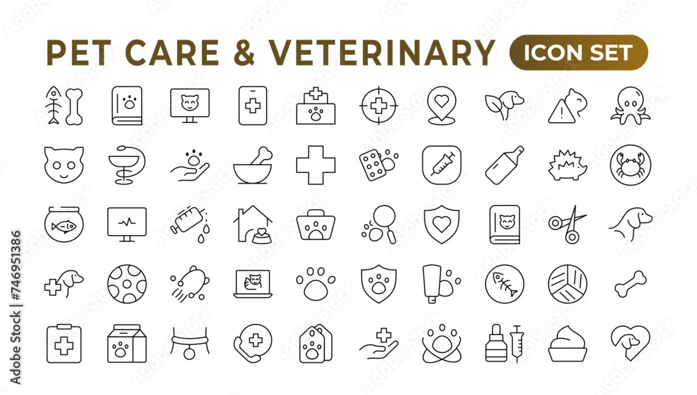 Set of line icons related to pet, care, veterinary, vet, and healthcare. Outline icon collection. Set of outline veterinarian icons. Animals veterinary icons.Pet and Vet Line Icon Set. Set of line icons related to pet, care, veterinary, vet, and healthcare. Outline icon collection. Set of outline veterinarian icons. Animals veterinary icons.Pet and Vet Line Icon Set.