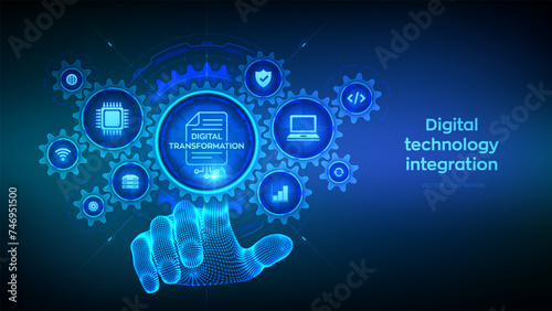 Digital transformation concept. Digitization of business processes and modern technology. Disruption, innovation. Hand touching digital interface with connected gears cogs, icons. Vector illustration.