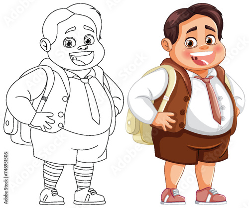 Colorful and line art illustrations of a cheerful schoolboy.