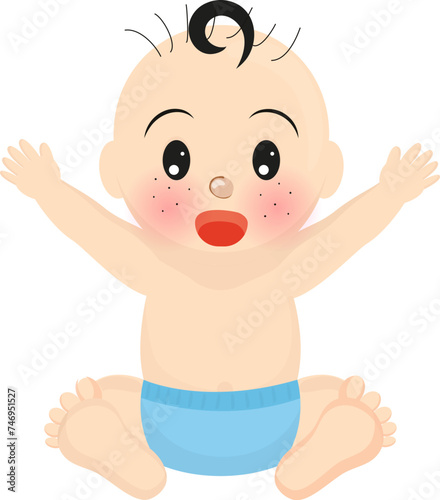 Cute baby raising hands up in sitting pose.
