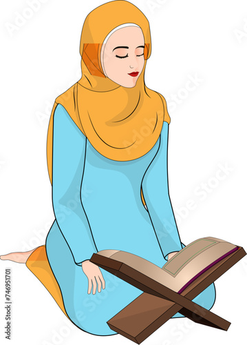 Islamic lady praying with holy book holder (quran).