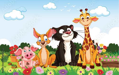 Fototapeta Naklejka Na Ścianę i Meble -  Cartoon animals smiling in a colorful meadow
