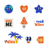 Summer character chat retro groovy mood. Bundle icons with comic quote slogan. Vector decoration drink, fruit and more in trendy 90s