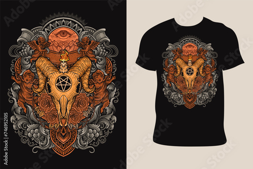 Illustration vintage goat skull rose with engraving ornament on T shirt mockup