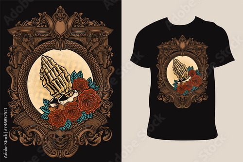 Illustration hand drawn. Skull hand pray with rose flower on T shirt mockup