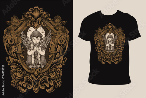 Illustration vector cupid angel praying with engraving ornament on T shirt mockup