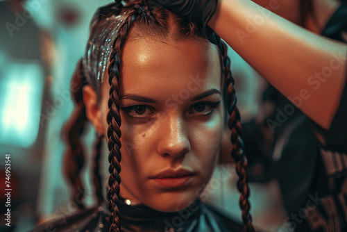 Woman receiving hair styling at salon