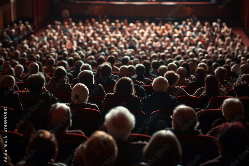 Large group of people sitting in theater - obrazy, fototapety, plakaty 