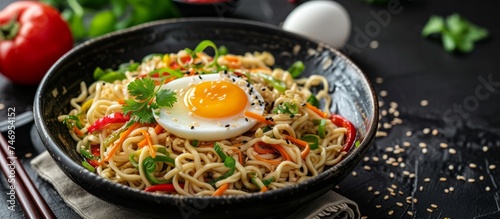 Delicious Asian cuisine: a bowl of flavorful noodles topped with a perfectly cooked egg