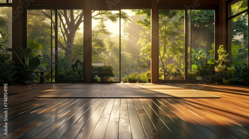 A serene yoga studio with bamboo floors  floor-to-ceiling windows overlooking a tranquil garden  and soft  diffused lighting perfect for finding inner peace.
