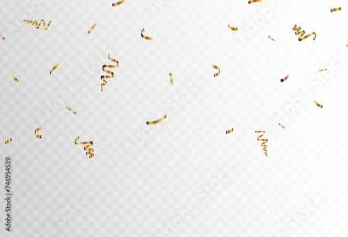 Gold confetti and ribbon bows falling and floating on a transparent background. blurred. Simple design. Vector. eps 10