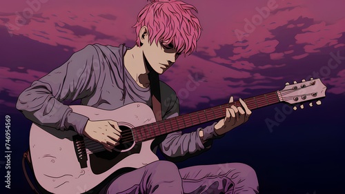 A man playing acoustic guitar anime style